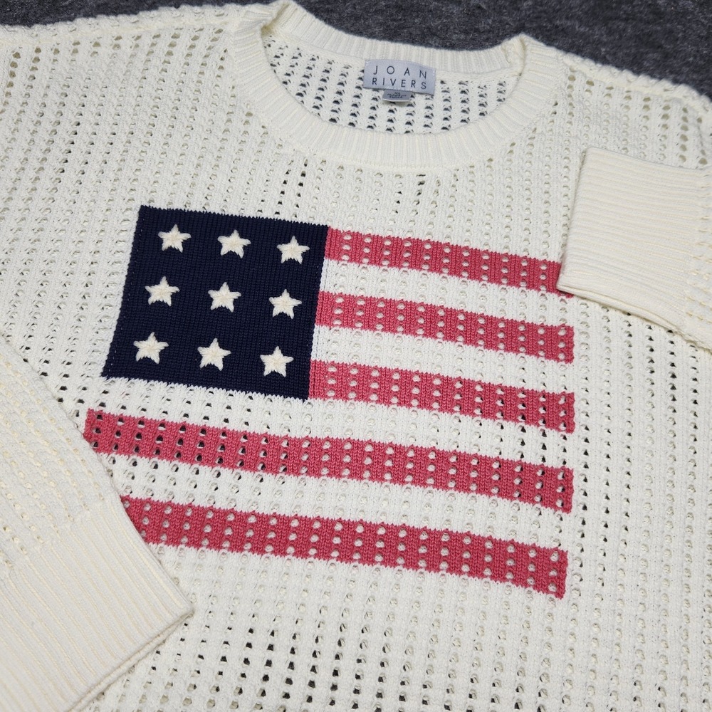 Joan Rivers Patriotic American Flag Open Knit Honeycomb Crewneck Sweater XL